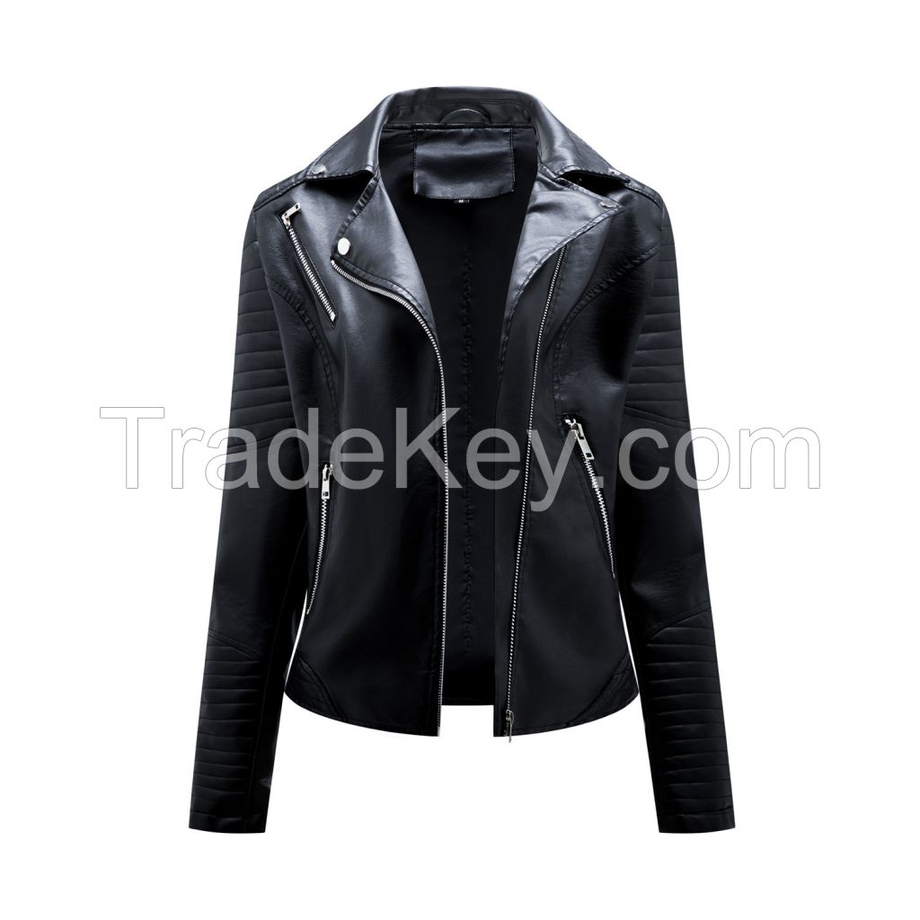 Cropped Leather Women's Slim Lapel Biker Service Cable Link Jacket