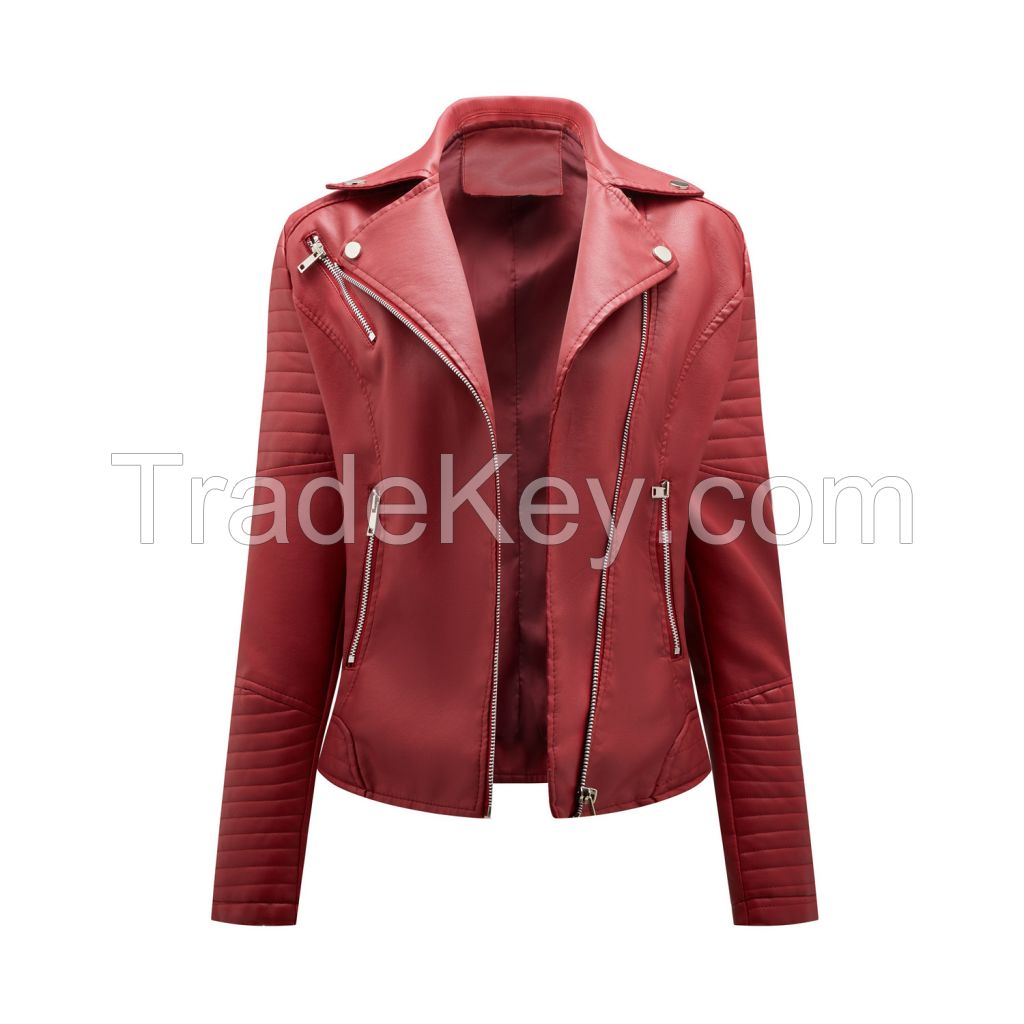 Cropped Leather Women's Slim Lapel Biker Service Cable Link Jacket