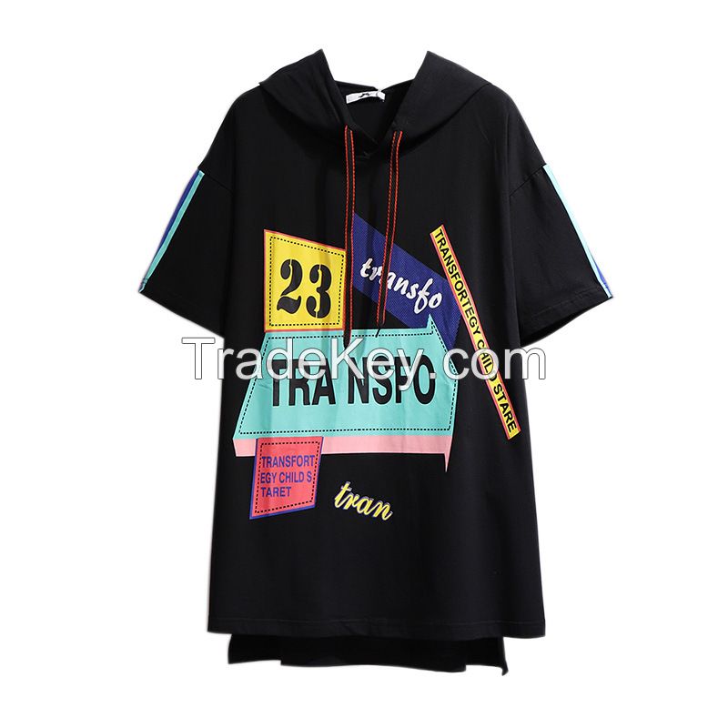 Summer loose-fitting printed hooded short-sleeved T-shirt