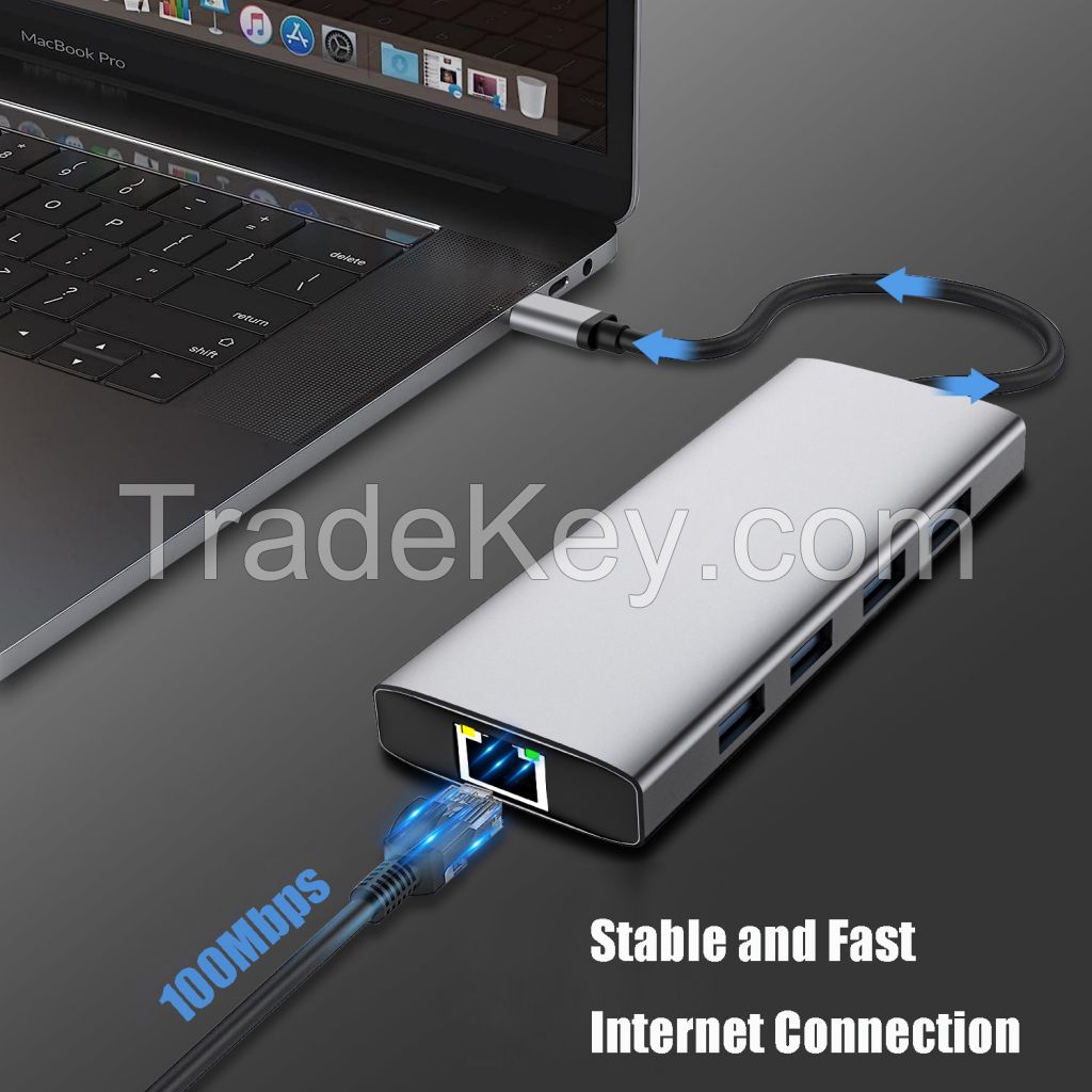10-in-1 USB Hub Docking Station with USB-C Convert into USB-A 2.0 3.0 USB Type-C With HDMI 4K HDTV RJ45 Ethernet Network Lan SD TF Card Reader