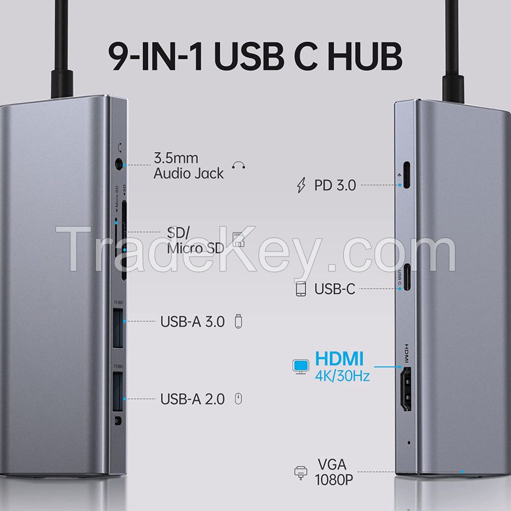 9 in 1 USB C Hub Multi-port Adapter Laptop Docking Station with VGA UHD USB3.0 SD/Micro SD for HP Dell Lenovo MacBook Type C Interface
