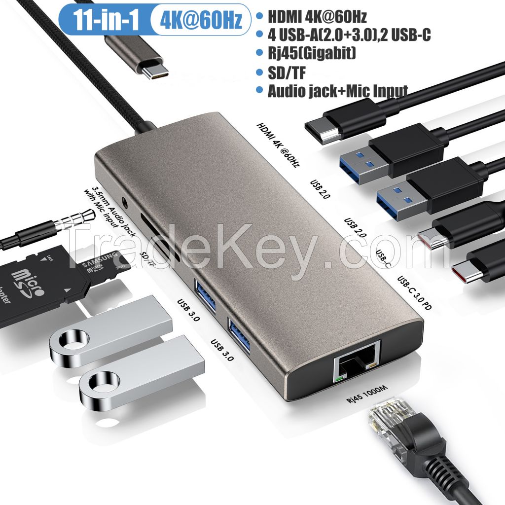 12 in 1 USB Type C Hub Type-C To 2 HDMI-compatible 4K VGA Adapter RJ45 Lan  Ethernet SD TF PD 3.5mm Audio/Mic for MacBook Pro OTG