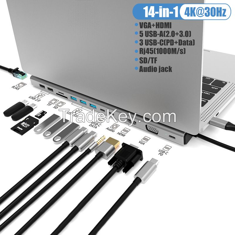 14-in-1 USB Type C Hub Docking with Stand for Laptop and Tablet VGA HDMI Rj45 Gigabit Audio jack with Microphone Input