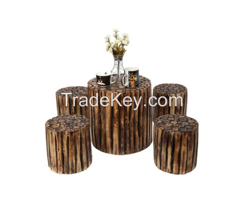 Wooden Round Coffee Table with 4 Stool