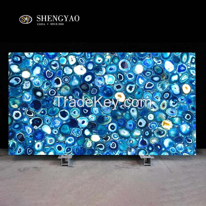 Backlit Blue Agate Stone Wall Panel Semi Precious Stone Slab