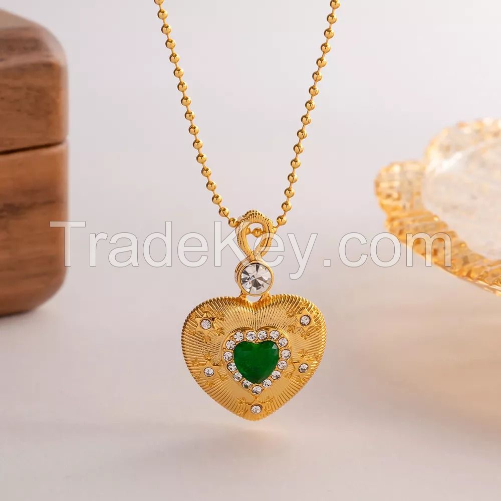 New Arrival Bead Chain Green Cubic Zirconia Paved Texture Heart Pendant Necklace for Women