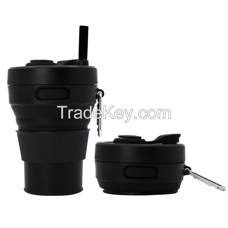 Food grade silicone collapsible coffee mug with straw for camping