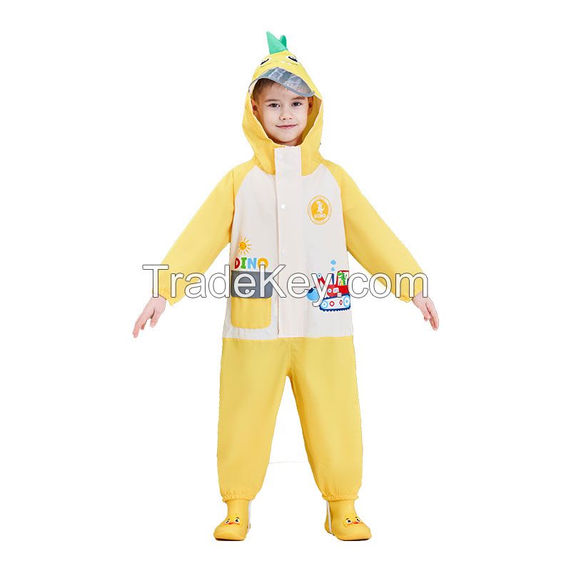 Hot selling all seasons comfortable cute pongee pocket waterproof kids rain suit Cartoon raincoat outdoors school