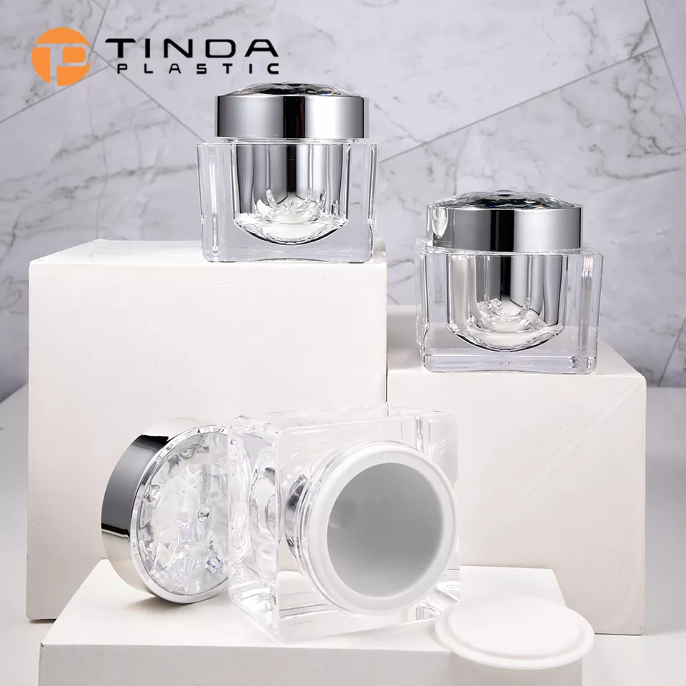 Wholesale cosmetic packaging manufacturer luxury cosmetic containers 50g acrylic double wall silver square plastic cream jar 