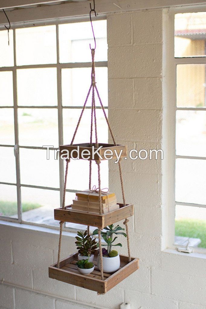 Three Tier Square Recycled Wood Display Hanger with Jute Rope