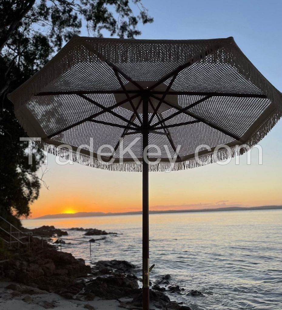 Boho Macrame Beach Umbrella with Canopy Cotton Yarn Beige With Fringe - Foldable Balinese Style Outdoor Parasol