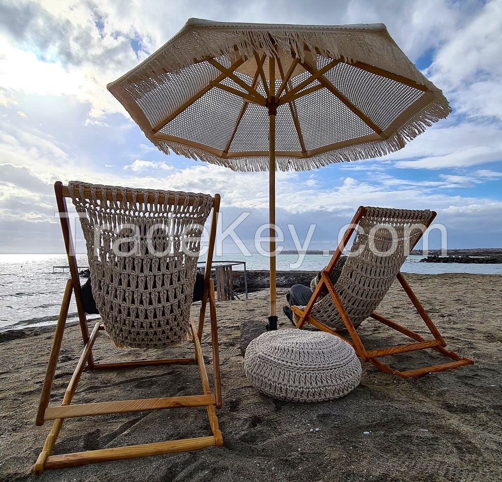 Boho Handmade Macrame Deckchair Beach Lounger Wood Camping Chair Garden Furniture Terrace Sunbed Balcony Home Decor
