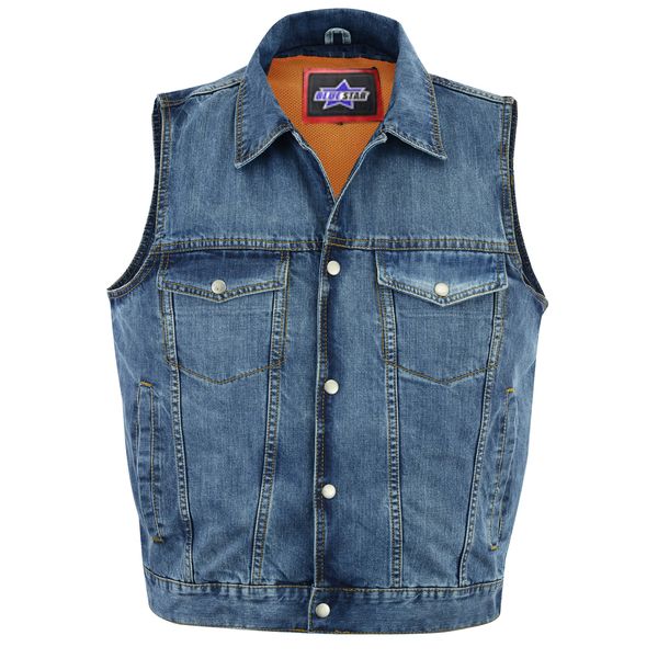 Snap/Zipper Front Denim Vest- Blue