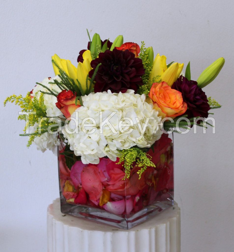 Colorful Flowers Bouquet In a Square Vase