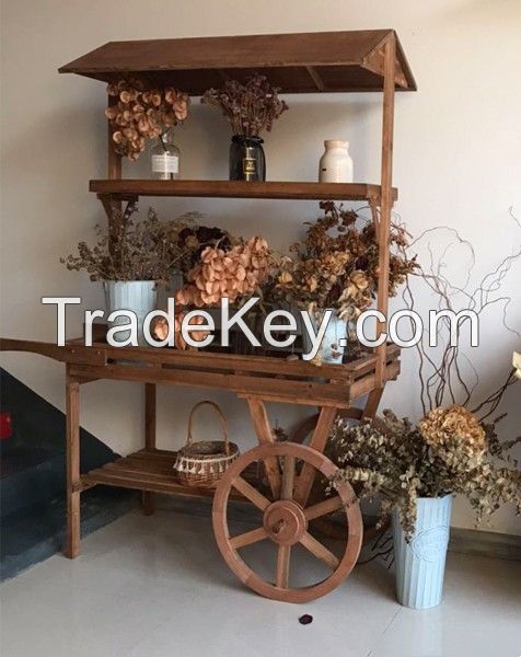 China Fir 3-floors Solid Wood Flower Decor Display Cart