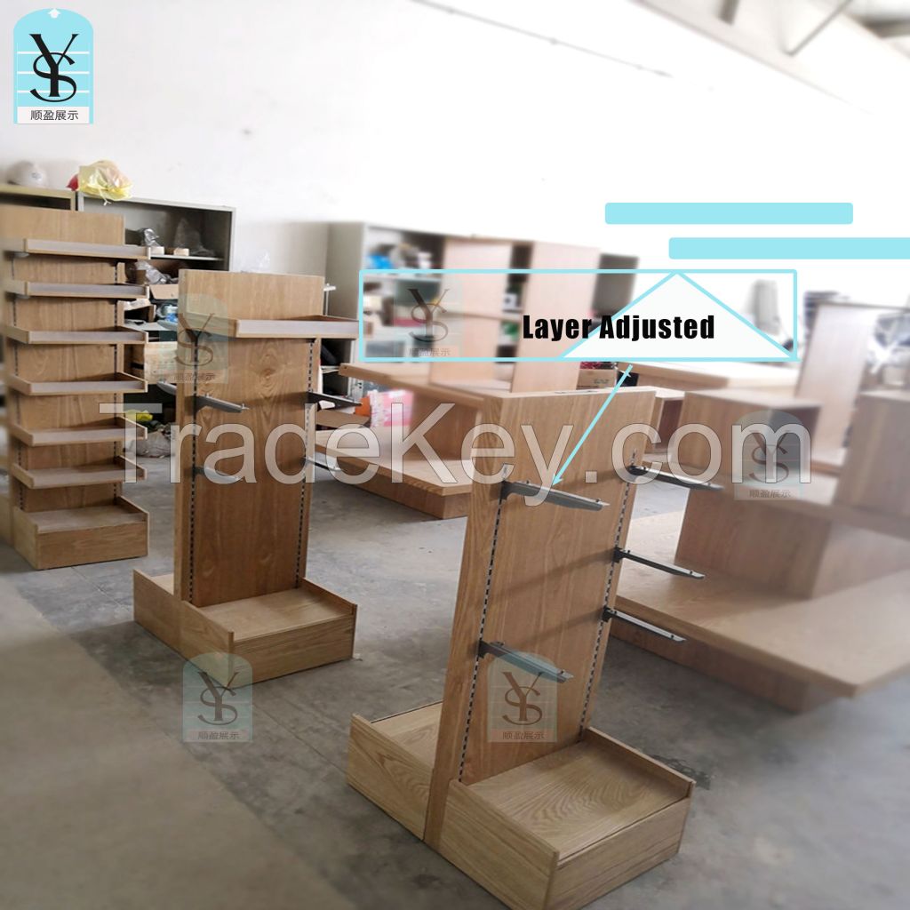 New Arrival double side MDF wood display stand middle island retail shelves for gift store