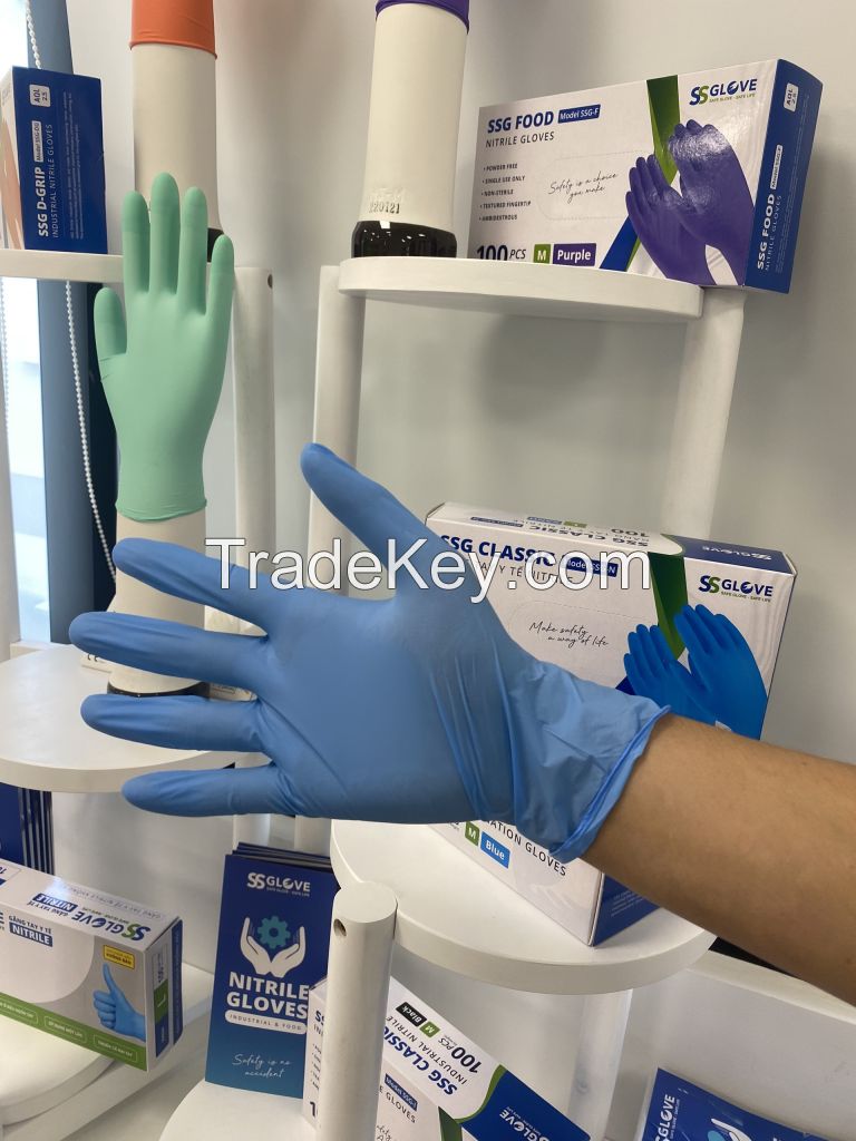 SSG DISPOSABLE ALL-PURPOSED NITRILE GLOVES, 3.5GR BLUE POWDER FREE, MADE IN VIETNAM, GOOD FOR SENSITIVE SKIN