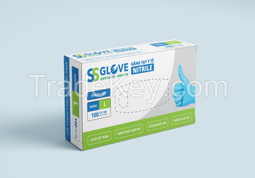 SSG DISPOSABLE ALL-PURPOSED NITRILE GLOVES, 3.5GR BLUE POWDER FREE, MADE IN VIETNAM, GOOD FOR SENSITIVE SKIN