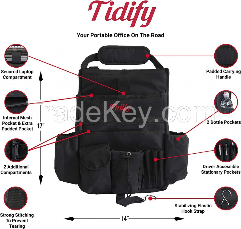 Tidify Car Front Seat Organizer [2022 UPDATED] with Dedicated Tablet and Laptop Storage Stabilizing Side Straps Soft Adjustable Shoulder Strap and Hardened Buckles Your Office Away from Office