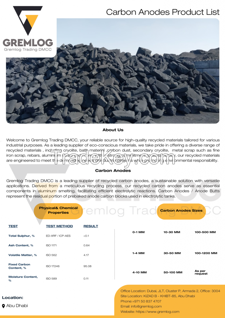 Carbon Anodes / Carbon Anodes Butts/ High Carbon Content Carbon Scrap