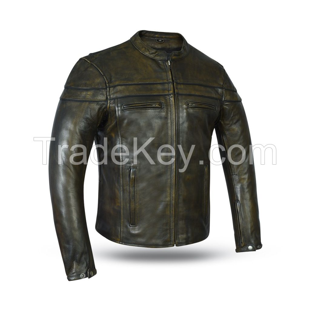 Retro Rust Green Leather Jacket For Men Concealed Carry
