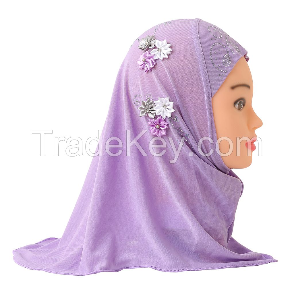 Beautiful small girl amira hijab with flowers fit 2-6 years old kids pull on islamic scarf head wrap headscarf headbands