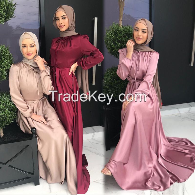 ashion Satin Sliky Djellaba Muslim Dress Dubai Full Length Flare Sleeve Soft Shiny Abaya Dubai Turkey Muslim Islam Robe