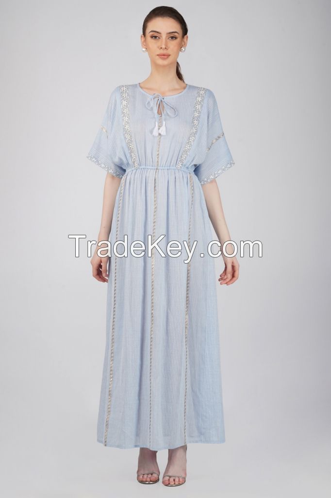 Sheqe Apparels Cotton Maxi Embroidered Dress For Women With Raglan Sleeves And Round Neck (Blue)