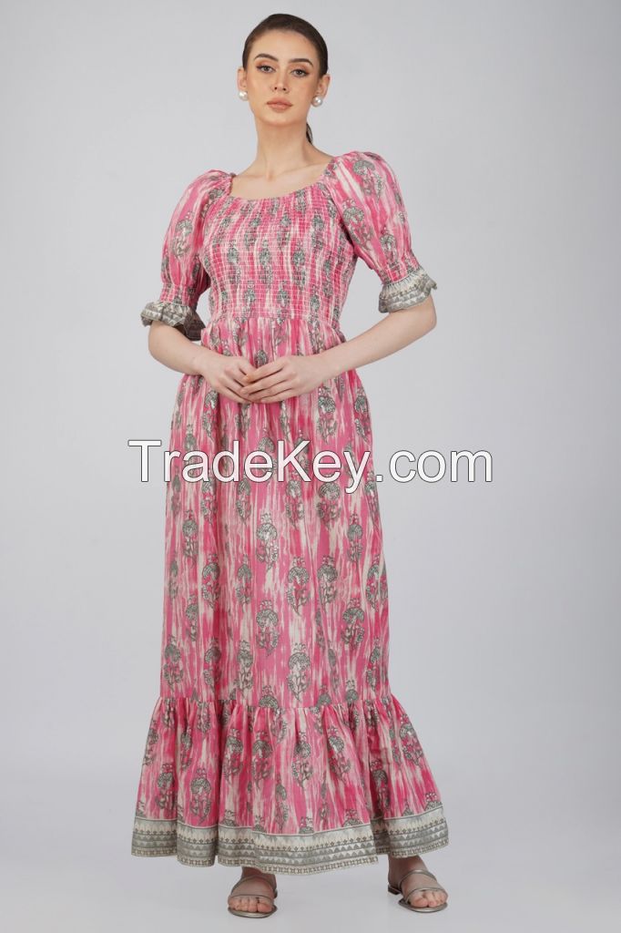 Sheqe Apparels Cotton Dress Floral Maxi Dress For Women With 3/4 Sleeves And Square Neck (Pink)