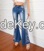 ladies jeans mid waist pants flared wide leg jeans stereoscopic 3D embroidered jeans