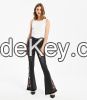 Ladies Jeans Flower Embroidery Flare Pants Black Stretch Jeans Mid Waist Trousers