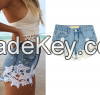 ladies pants high waist shorts hook flower thin shorts lace stitching jeans ripped hot pants