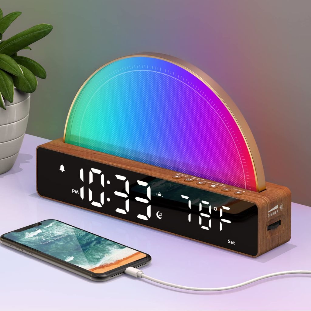 Sunrise Alarm Clock, Wake Up Light Dawn Simulator, Bedside Sun Lamp Multi Color Night Light with USB Charger, Sleep Aid, Loud Alarm Clock for Heavy Sleepers Adults, Gift for Kids Teenage Boys Girls-M9