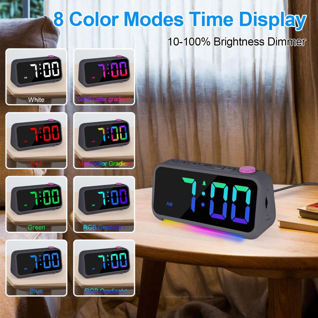 Alarm Clock for Bedroom, RGB Colorful Digital Clock, with Night Light, USB Charger Port, Extra Loud, 6.4 Inch Small Desk Clocks for Kids Boys Girls Teens Room Bedside DÃ©cor-TX5