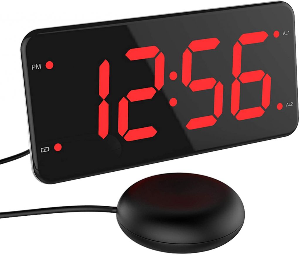 Loud Alarm Clock with Bed Shaker, Vibrating Alarm Clock for Heavy Sleepers, Deaf and Hard of Hearing, Dual Alarm Clock, 2 USB Charger Ports, 7-Inch Display, Full Range Dimmer and Battery Backup-F2040