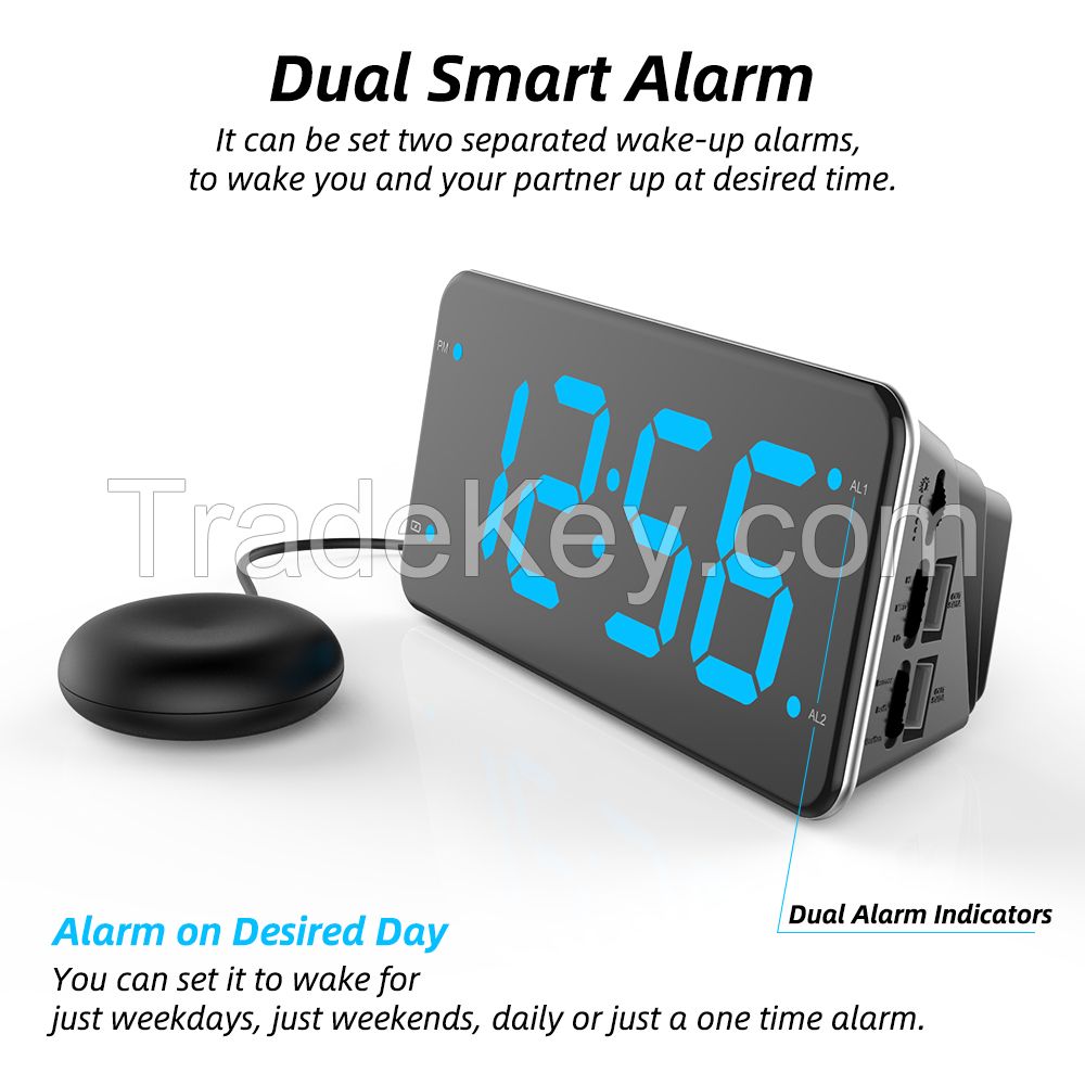 Loud Alarm Clock with Bed Shaker, Vibrating Alarm Clock for Heavy Sleepers, Deaf and Hard of Hearing, Dual Alarm Clock, 2 USB Charger Ports, 7-Inch Display, Full Range Dimmer and Battery Backup-T1HGreen