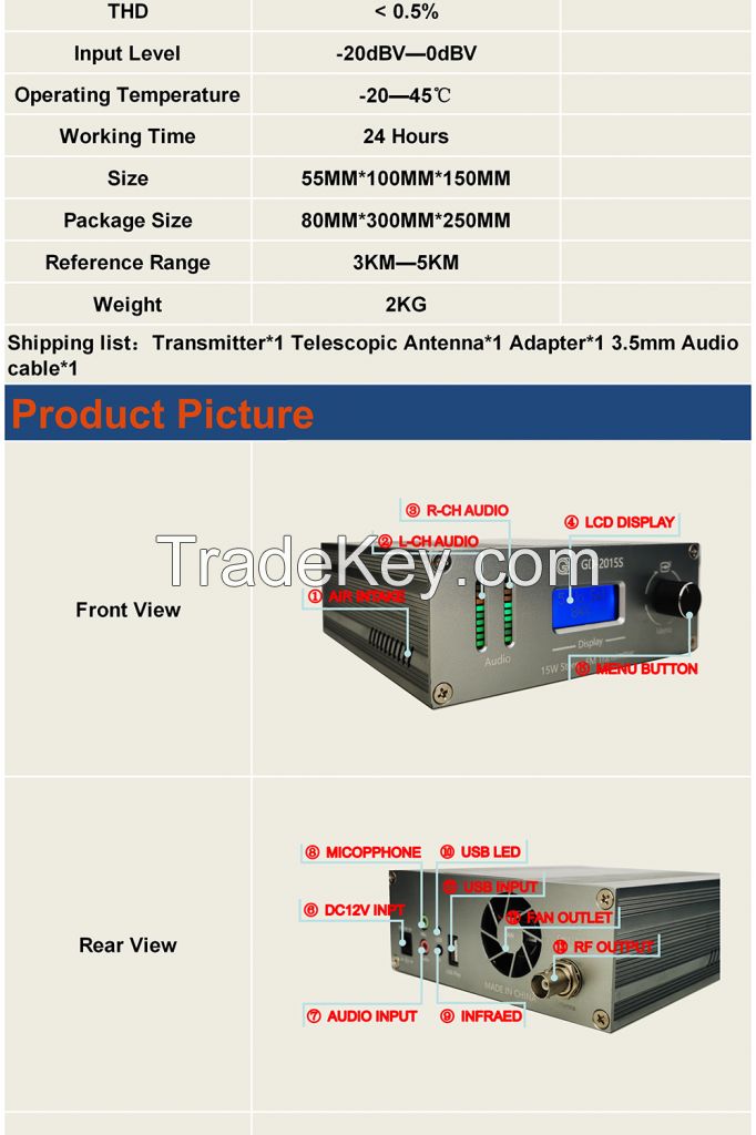 GD-2015S-ALL 15W FM Transmitter FM PLL Transmitter Stereo FM Broadcasting  Continuous Output Transmitter Radio Station