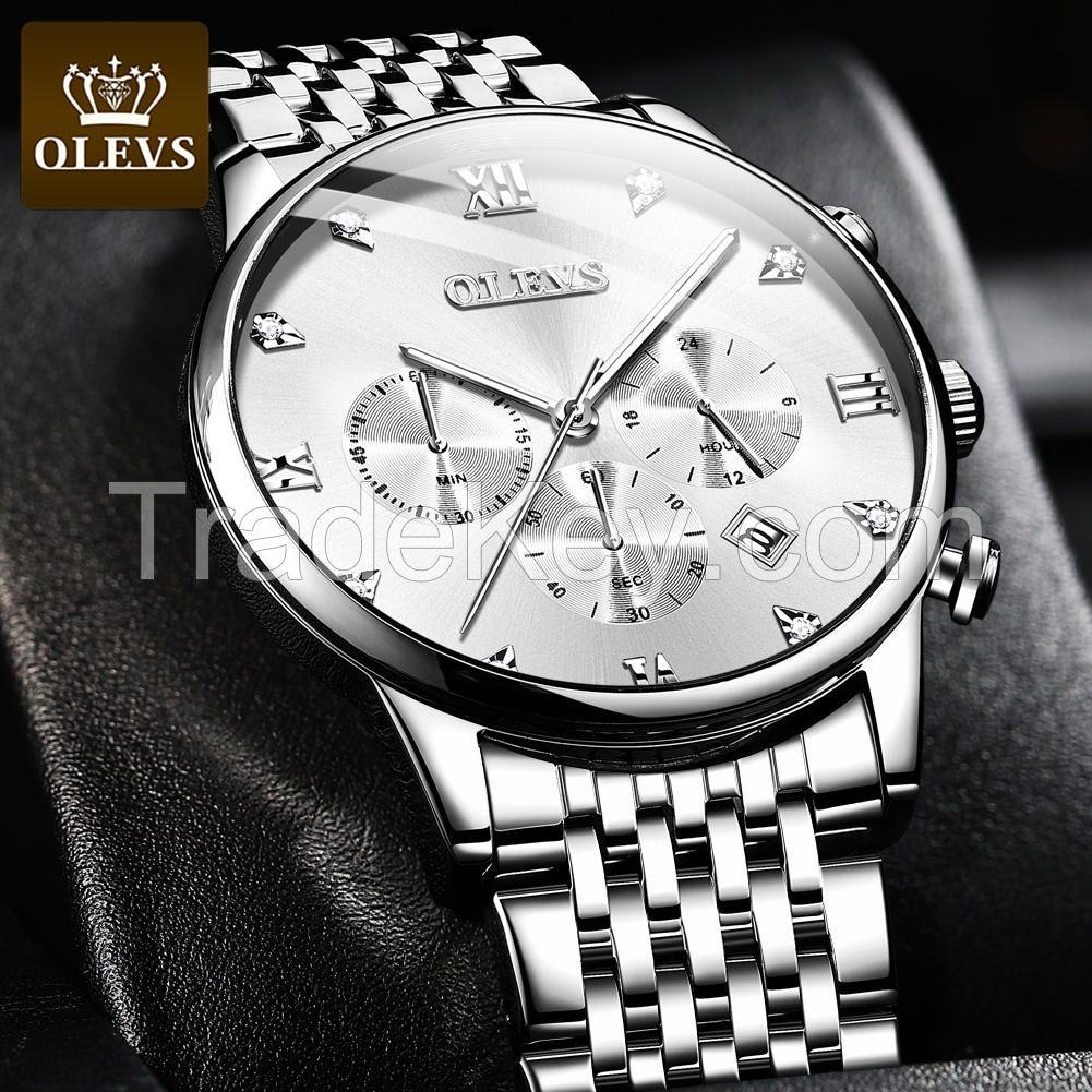 OLEVS brand watch business sports fashion style quartz core watch stainless steel waterproof real three-eye men&#039;s watch