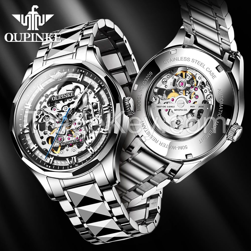 OUPINKE 3209 New Arrival Design High Quality Luxury Fashion Classic OEM  stainless steel  mens mechanical skeleton Wrist Watches