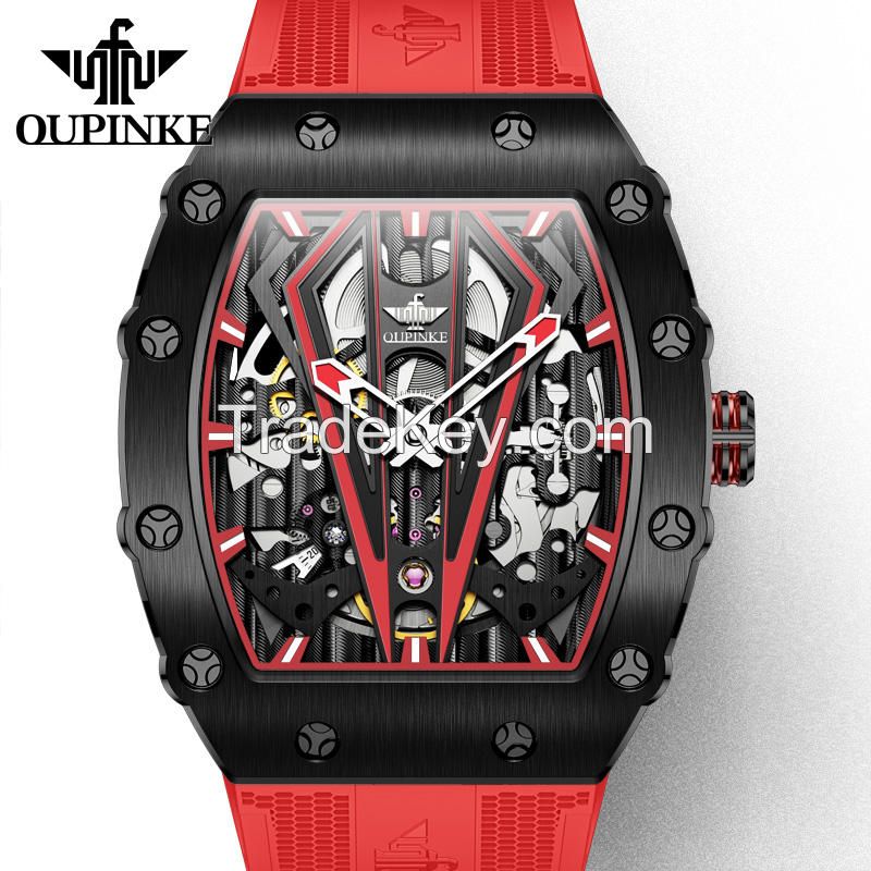 Oupinke 3179 Design Luxury Waterproof Timepiece Luminous  Silicone Strap Square Mechanical Automatic Watch