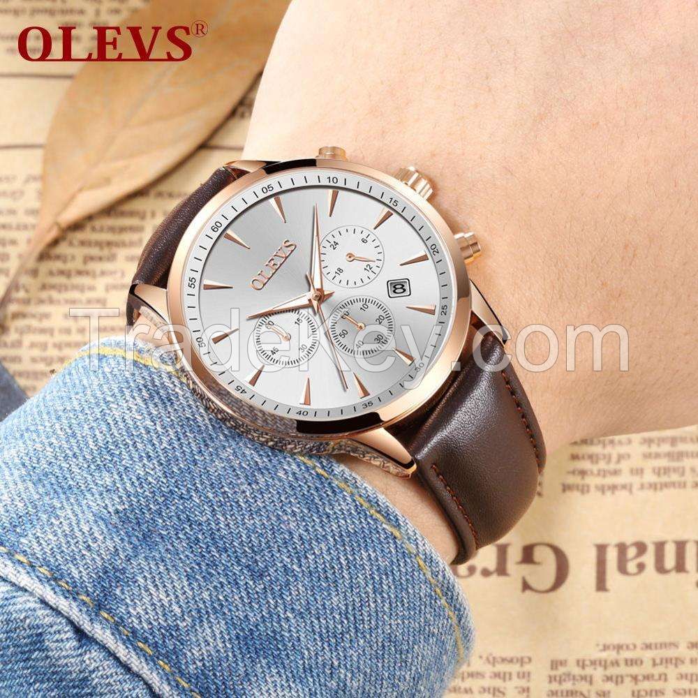 Olevs 2860 Newest Luxury Multi-Function  3Eyes Man&#039;s Leather Quartz Watches  Business Simple Easy Matching Apparel Watches