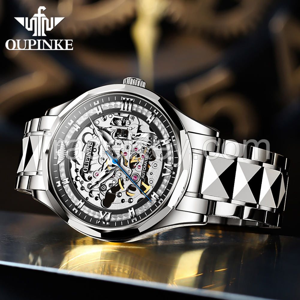 OUPINKE 3209 New Arrival Design High Quality Luxury Fashion Classic OEM  stainless steel  mens mechanical skeleton Wrist Watches