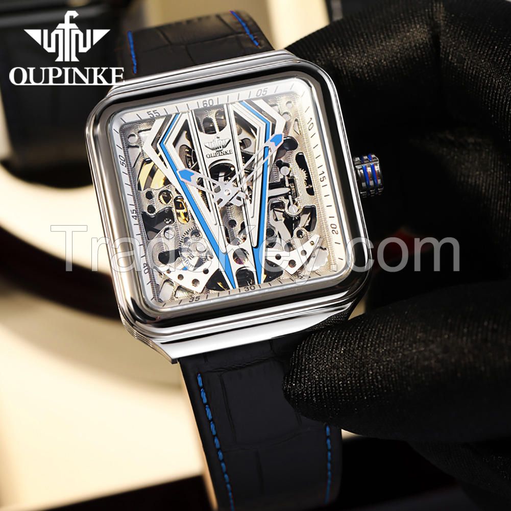 Oupinke 3181 OEM Watches Custom Logo Luxury Square Skeleton Genuine Leather Men Wristwatches Automatic Mechanical Mens Watch