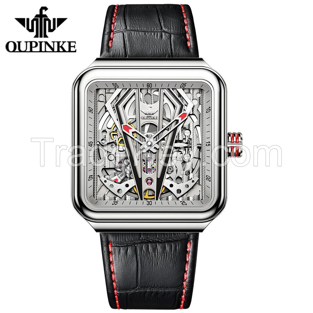 Oupinke 3181 OEM Watches Custom Logo Luxury Square Skeleton Genuine Leather Men Wristwatches Automatic Mechanical Mens Watch