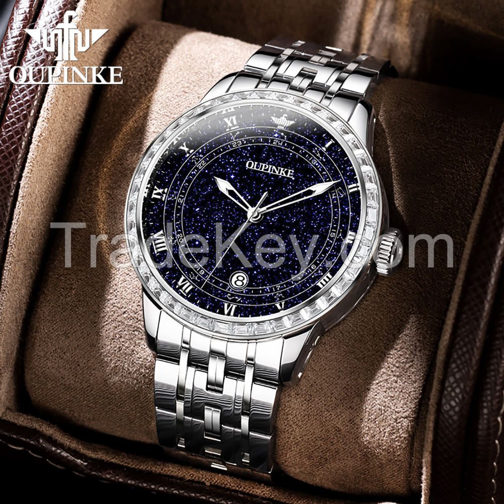 OUPINKE 3203 All Stars Blue Galaxy Stainless Steel Calendar Window Waterproof 50m Fashion Mechanical Watch Men&#039;s High Level