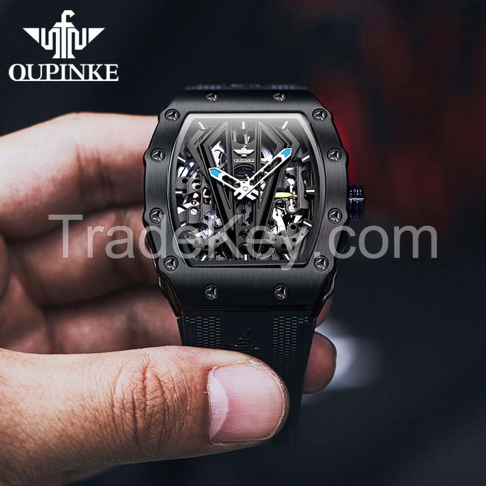 Oupinke 3179 Design Luxury Waterproof Timepiece Luminous  Silicone Strap Square Mechanical Automatic Watch