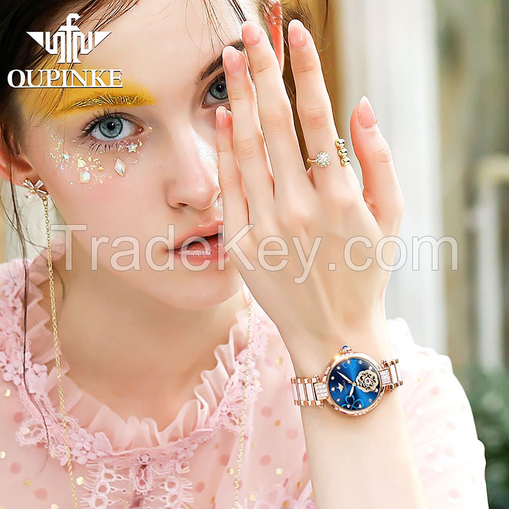 oupinke 3183  Fashion Luxury Brand Skeleton Sapphire Crystal Women Mechanical Watch  Elegant Ladies Watch