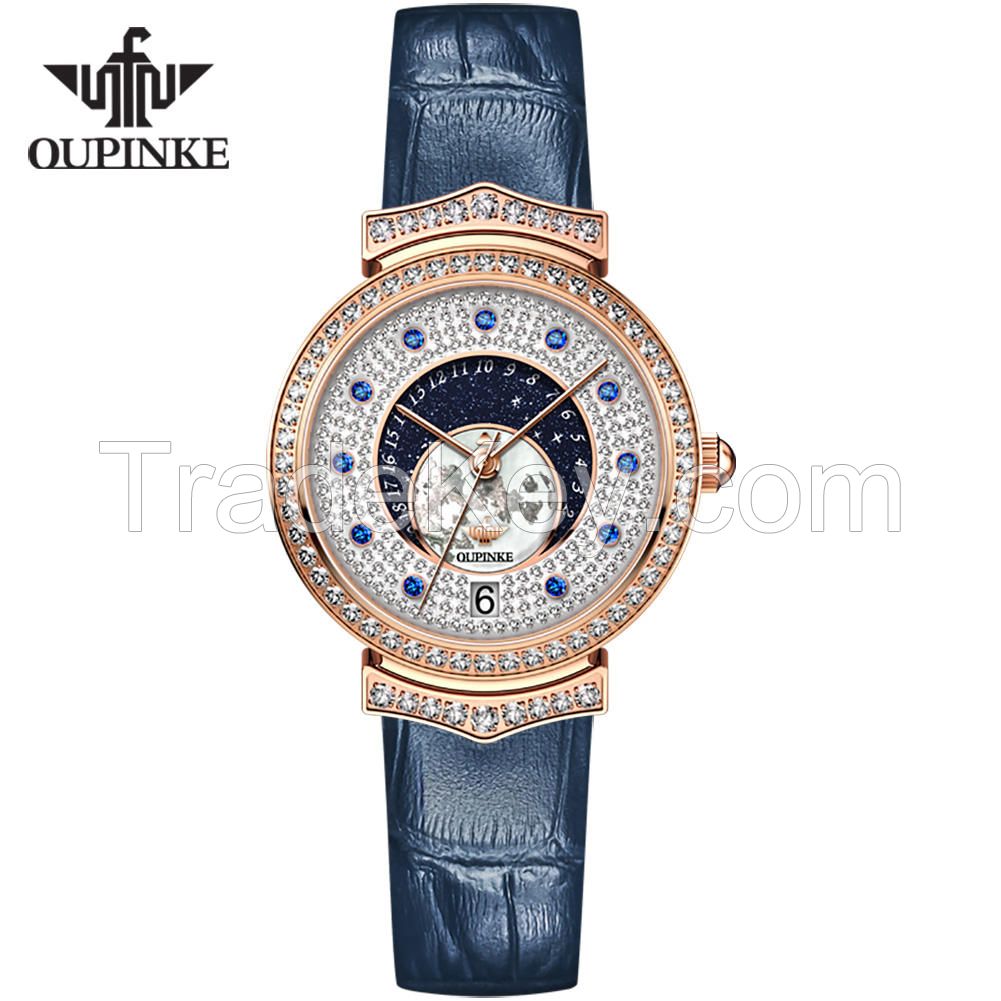 OUPINKE 3218 Advanced full diamond dial imported movement creative casual versatile luminous  fashionable mechanical watch WOMEN