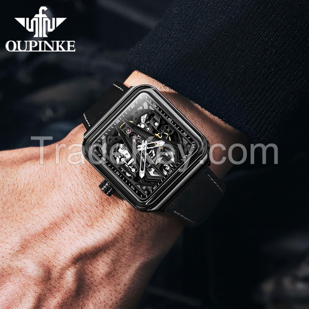 Oupinke 3181 OEM Watches Custom Logo Luxury Square Skeleton Genuine Leather Men Wristwatches Automatic Mechanical Mens Watch