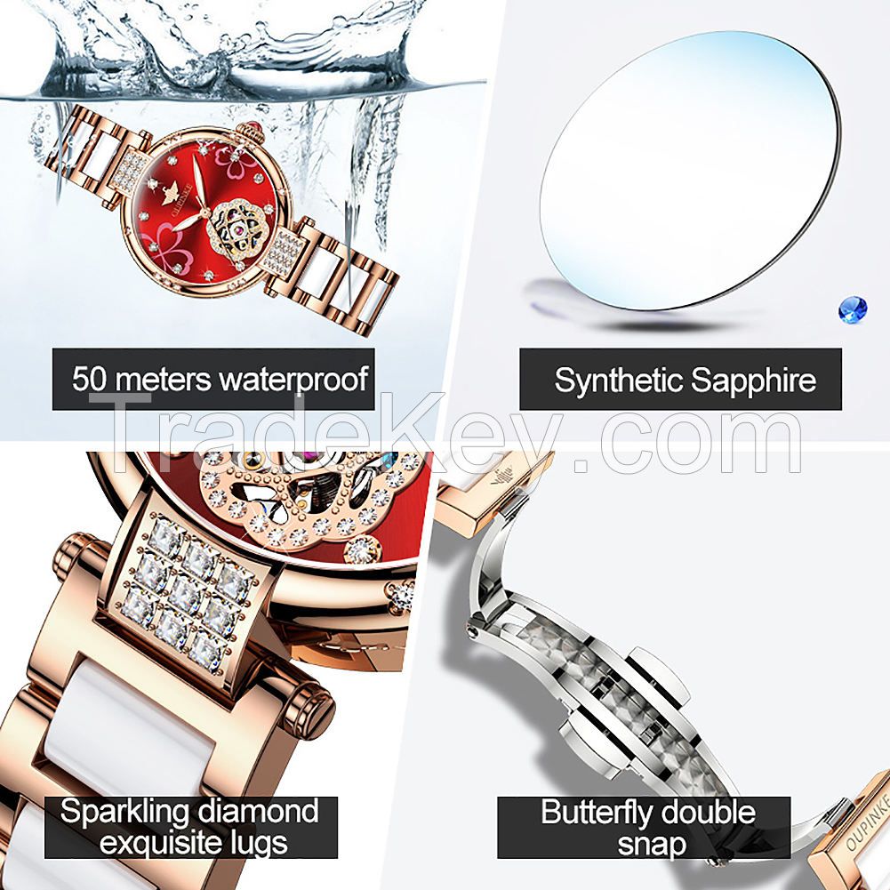oupinke 3183  Fashion Luxury Brand Skeleton Sapphire Crystal Women Mechanical Watch  Elegant Ladies Watch